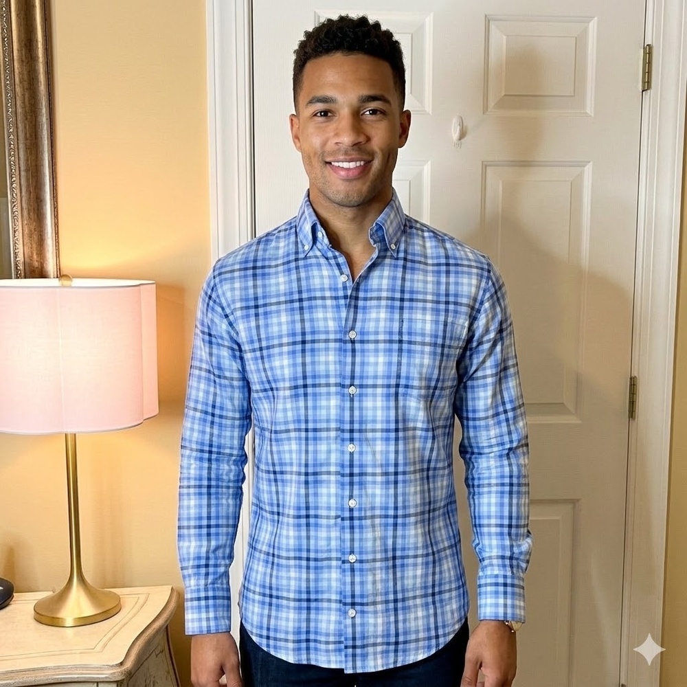 EUC Men's Peter Millar Walker Cotton Stretch Shirt Blue Black White Check SMALL